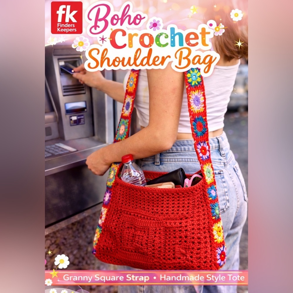 Adorable boho crochet shoulder bag in soft red